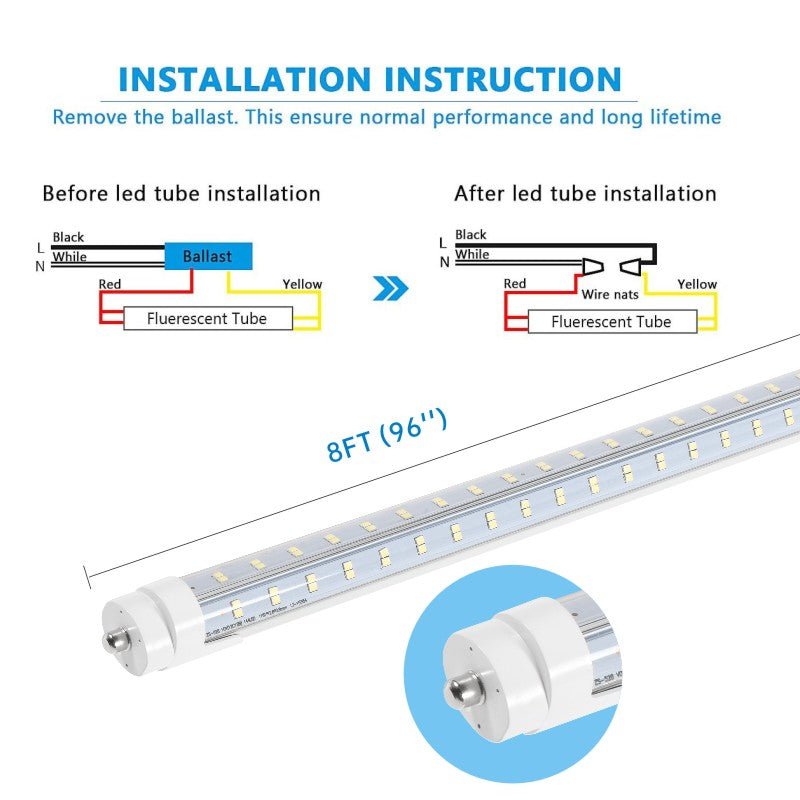 WAWA Lights 8FT V-Shape LED Tube, 80W, 10,800 Lumens, 6500K, 270°, 4-Row, Ballast Bypass