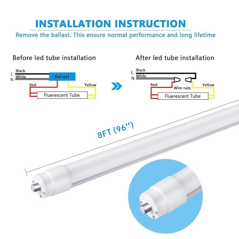 WAWA Lights 8FT V-Shape LED Tube, 50W, 6,750 Lumens, 6500K, FA8 Single Pin, Ballast Bypass