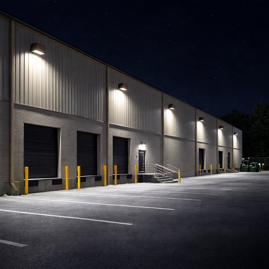 WAWA Lights 100W LED wall pack on an industrial building