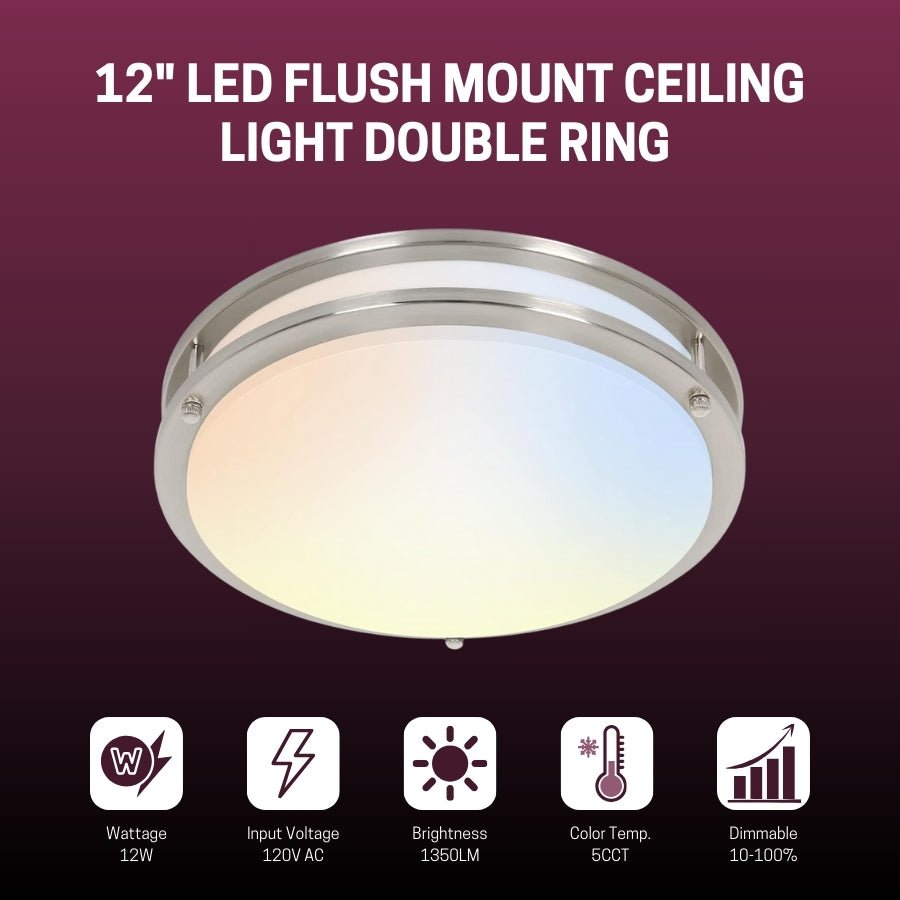 WAWA Lights 12-Inch Dimmable LED Flush Mount Ceiling Light, 16W, 1,350 Lumens, 5CCT, Brushed Nickel