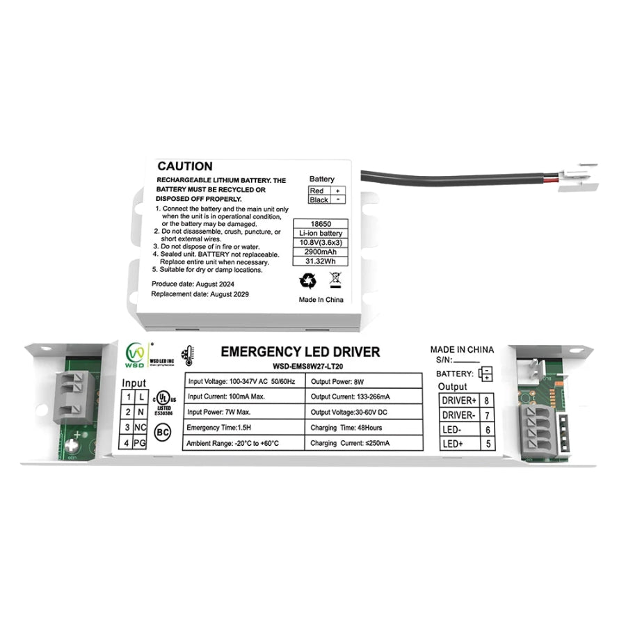WAWA Lights 8W Low-Temp Emergency LED Backup Driver, LiFePO4, 90-Min Runtime, UL924 Listed