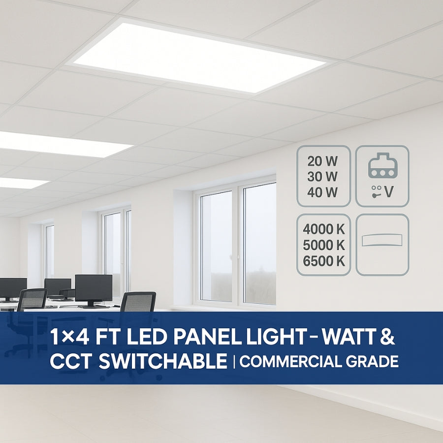WAWA Lights 1×4 LED Flat Panel Light, 20 W / 30 W / 40 W (Selectable) Selectable, 5CCT, Up to 5000 Lumens, TRIAC Dimmable, ETL Listed