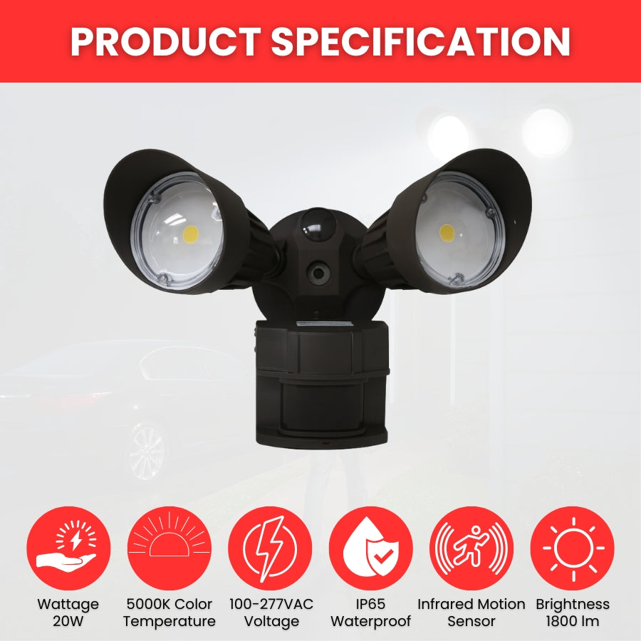 WAWA Lights 20W dual head motion activated LED security light
