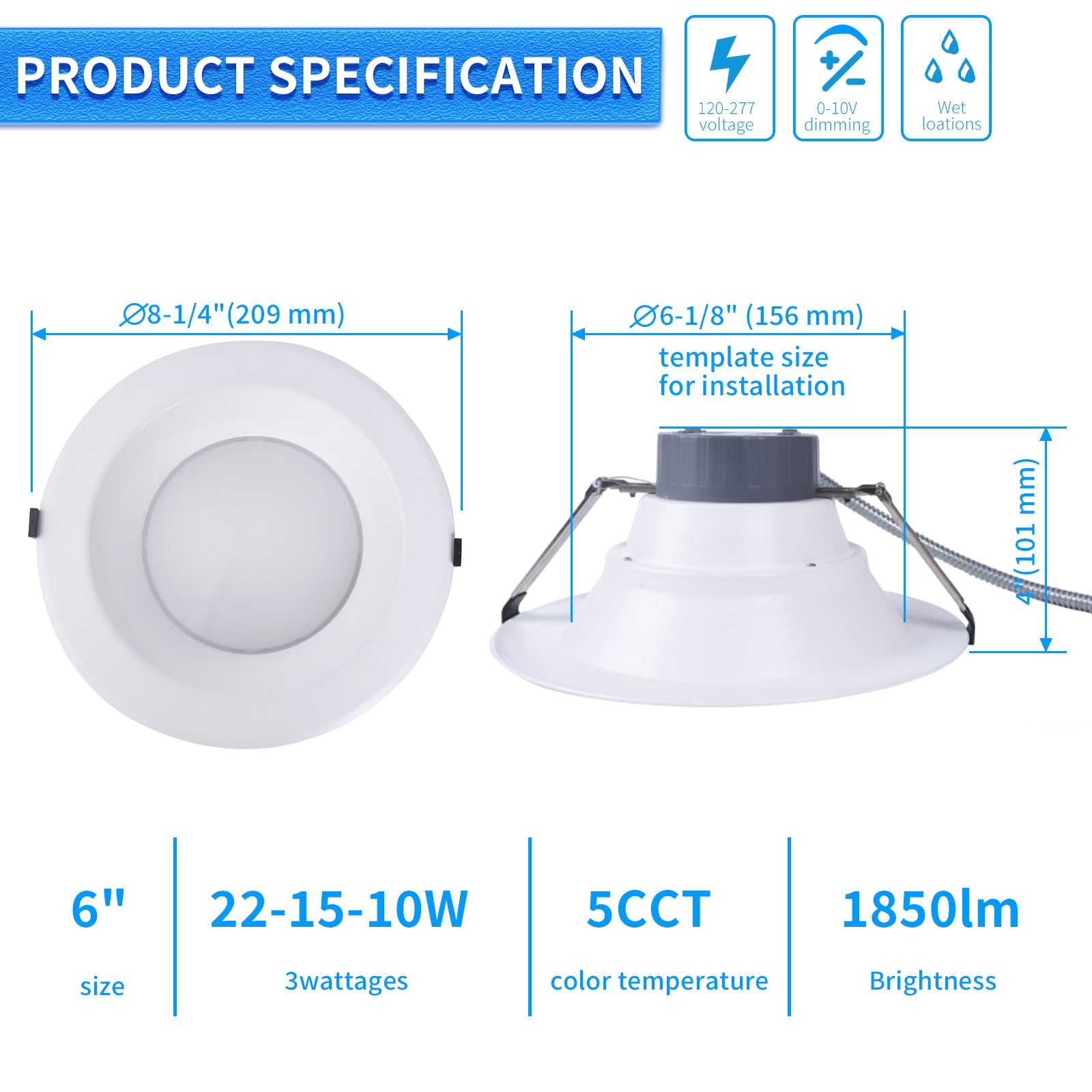 WAWA Lights 6-Inch Canless LED Recessed Downlight, 10–22W, 1,850 Lumens, 4CCT, Wafer-Thin, UL