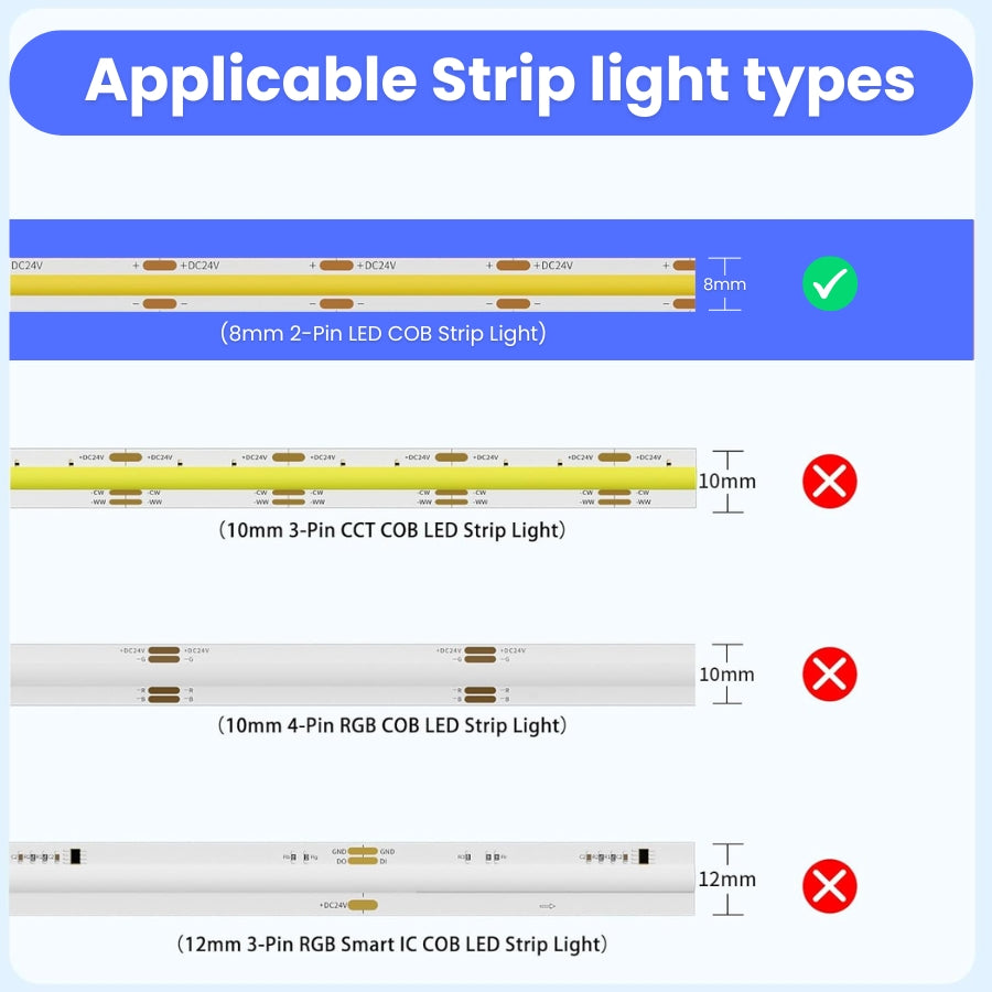 WAWA Lights 8mm 2-Pin COB LED Strip-to-Wire Connectors, Solderless, 5–24V, DIY Lighting