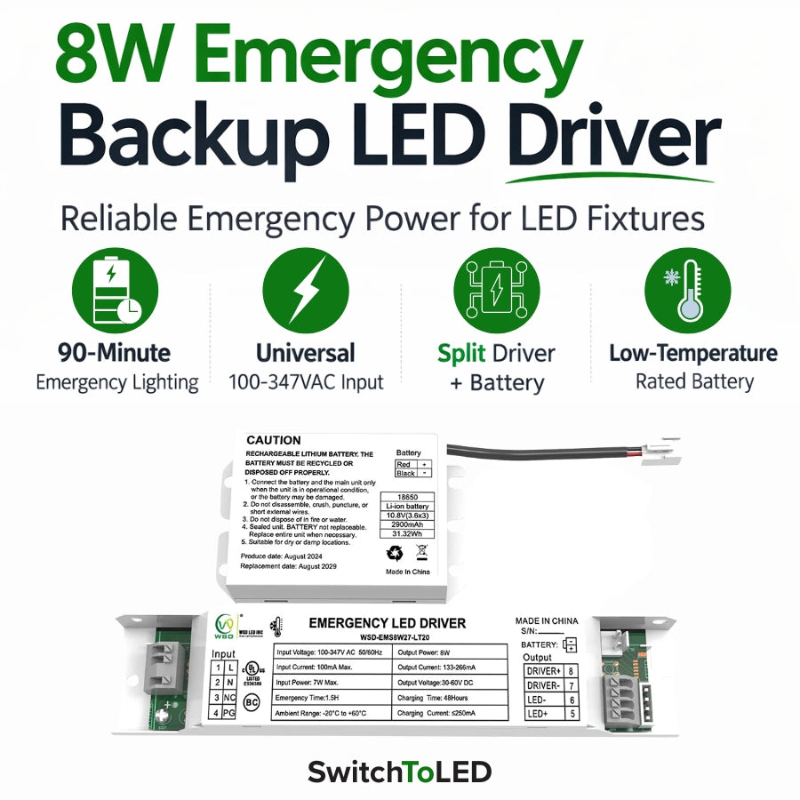 WAWA Lights 8W Low-Temp Emergency LED Backup Driver, LiFePO4, 90-Min Runtime, UL924 Listed