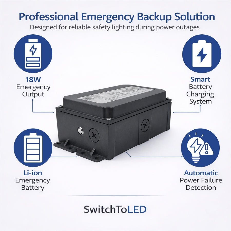 WAWA Lights LED Emergency Wall Pack with Battery Backup, 18W, Up to 1300 Lumens, 5000K, IP65, 120-Min Runtime
