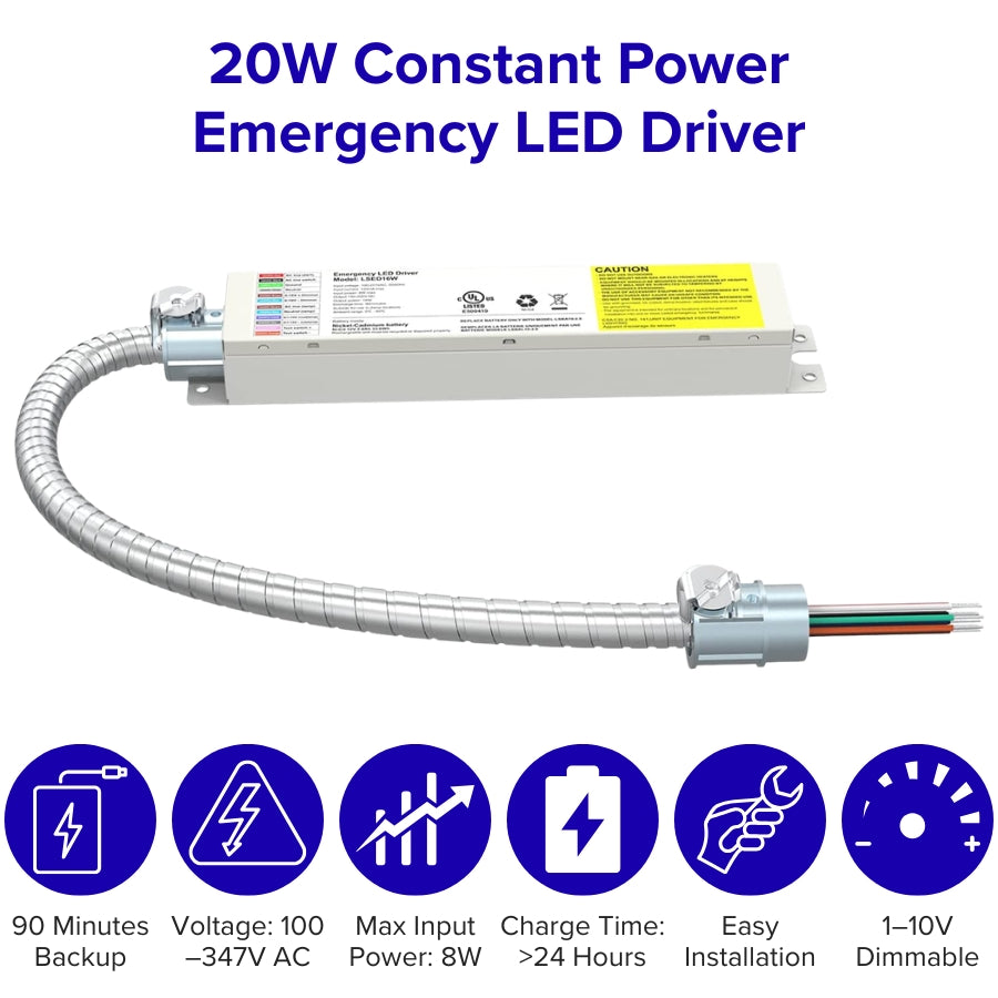 WAWA Lights 20W Emergency LED Battery Backup Driver, 90+ Min, 100–347V, UL Listed, 5-Year