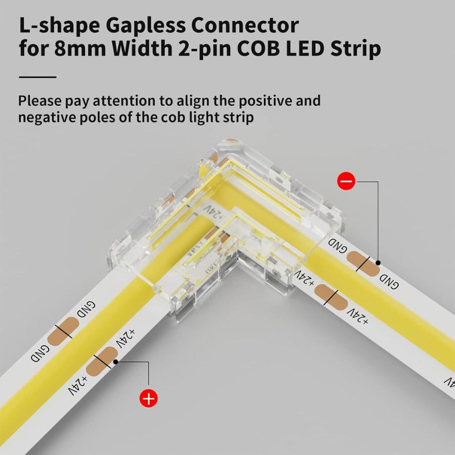 WAWA Lights 8mm L-Shape COB LED strip connectors, solderless corner clips