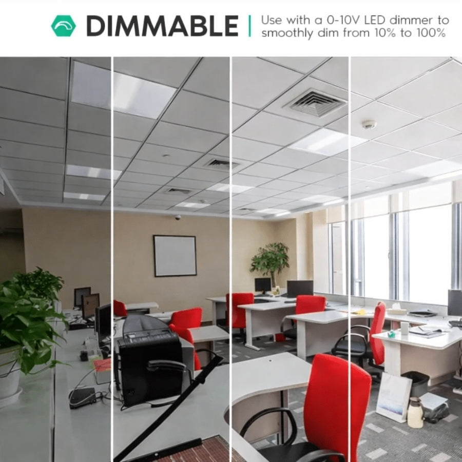 WAWA Lights 2×2 LED center basket troffer installed in a commercial office drop ceiling, 0–10V dimmable