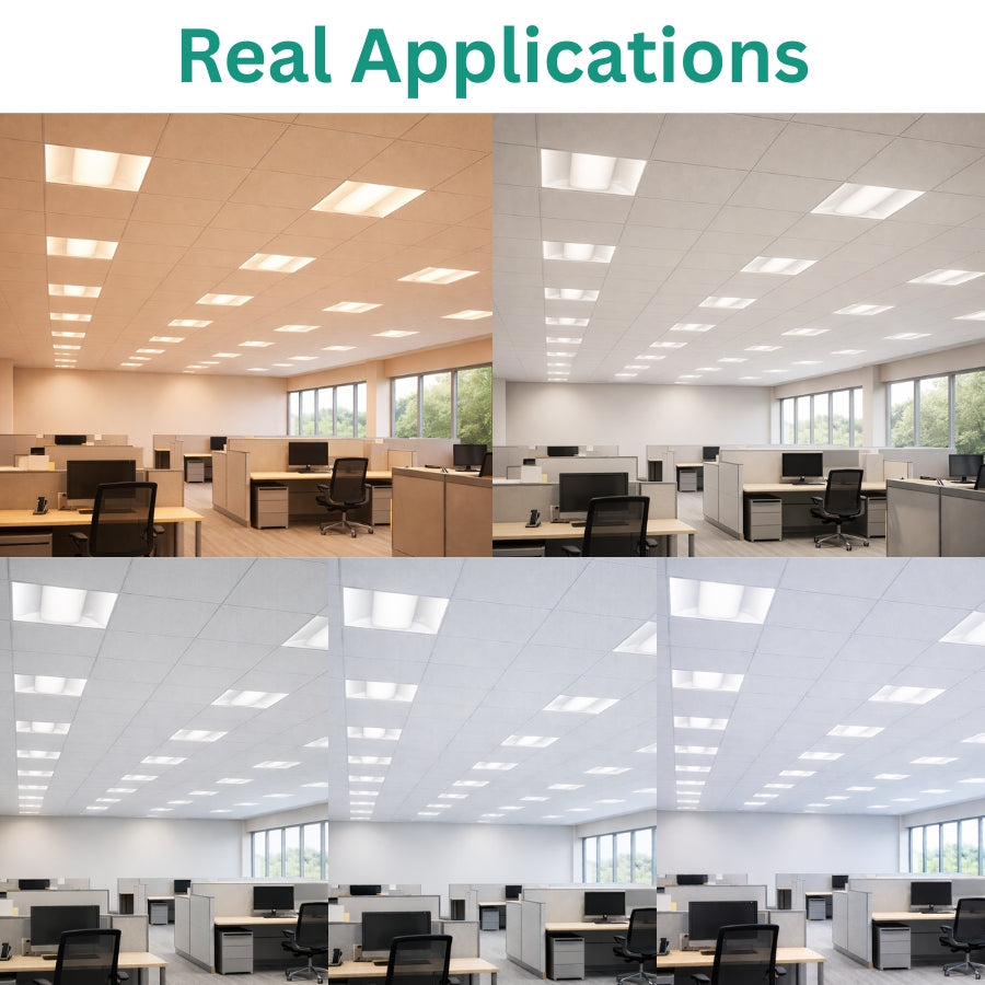 WAWA Lights 2×2 LED center basket troffer lighting a commercial office space