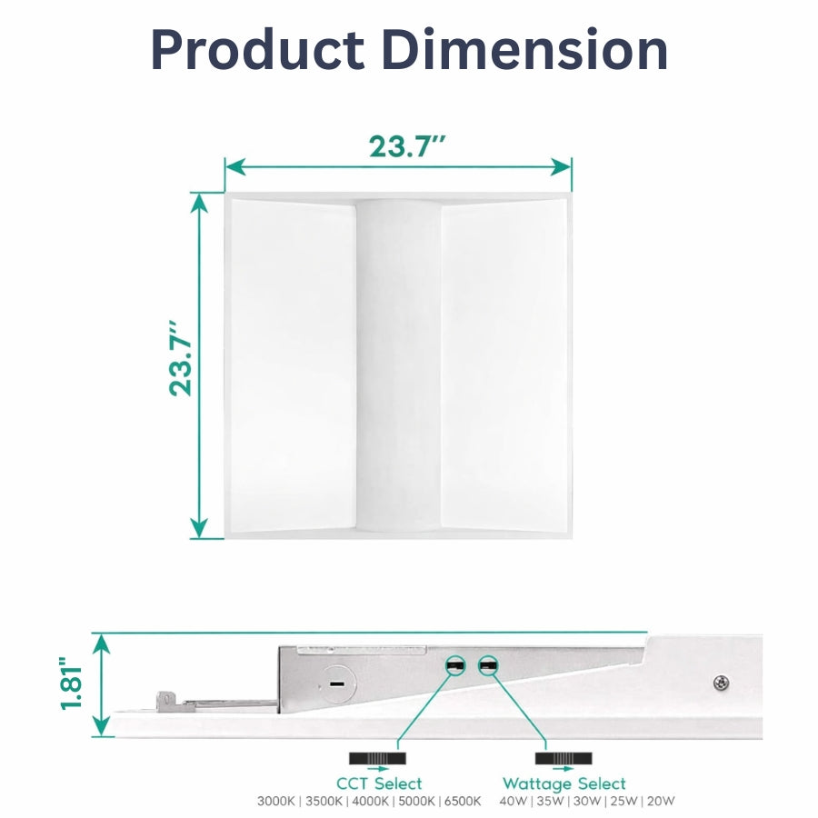 Dimension diagram for the WAWA Lights 2×2 LED center basket troffer ceiling light