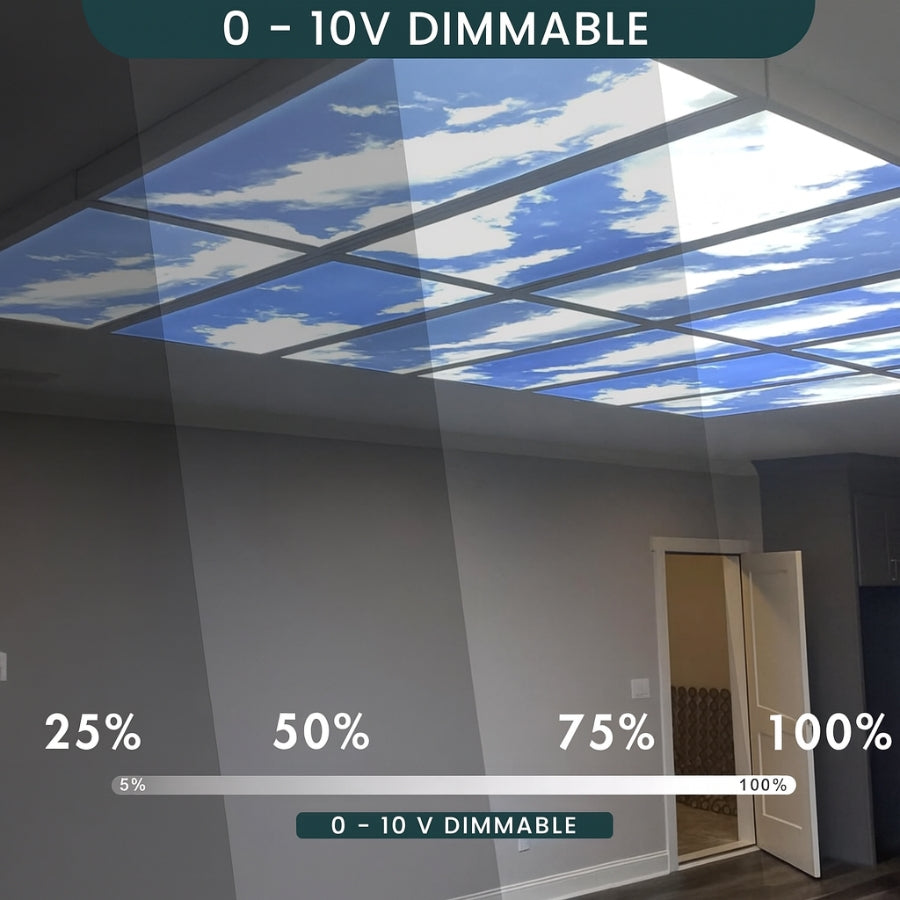 WAWA Lights 2×4 Artificial Sky LED Ceiling Panel, 72W (per panel), 6500K, Up to 9000 Lumens, 0–10V Dimmable, ETL Listed