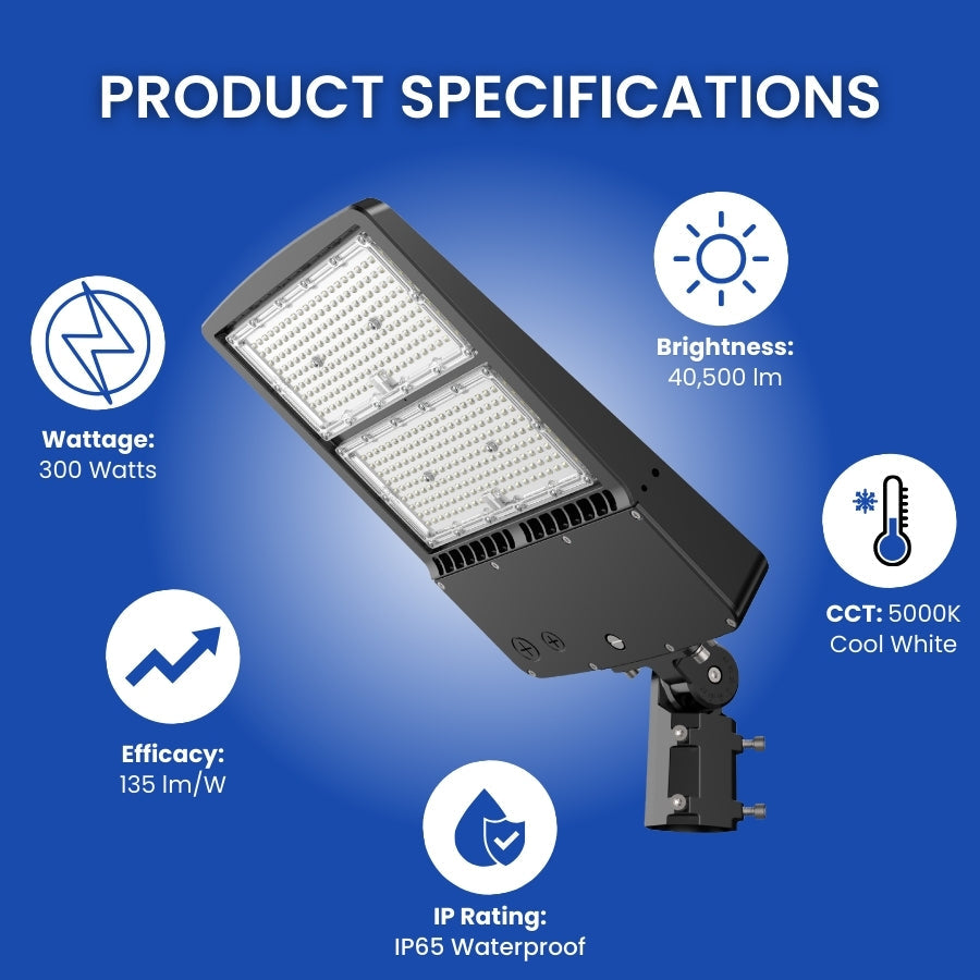 WAWA Lights 300W LED Parking Lot Area Light, 40,500–45,000 Lumens, 5000K, Type III, IP65, ETL & DLC
