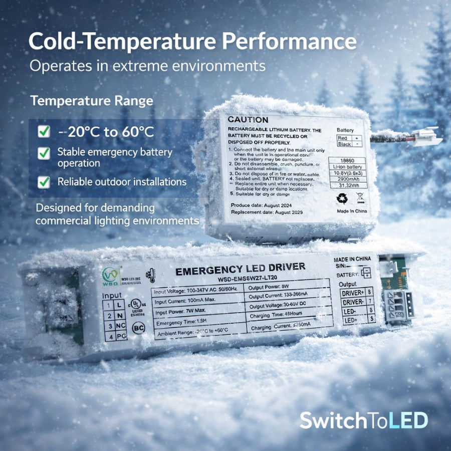 WAWA Lights 8W Low-Temp Emergency LED Backup Driver, LiFePO4, 90-Min Runtime, UL924 Listed