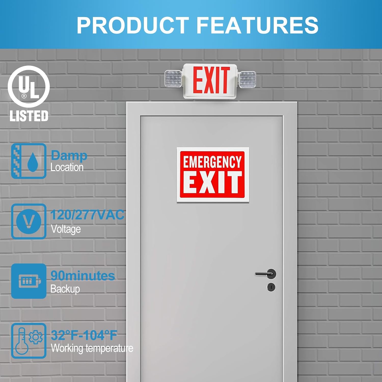 WAWA Lights 3.5W LED Exit Sign with Emergency Lights, Battery Backup, Dual Heads, UL Listed