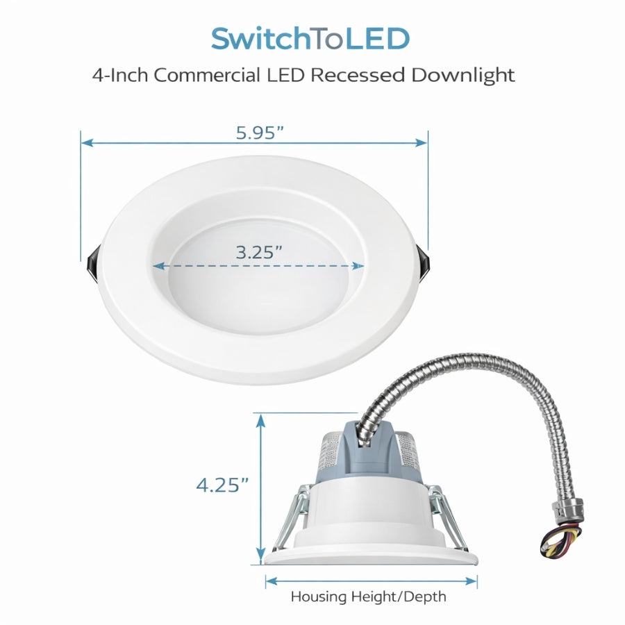 WAWA Lights 4-Inch Commercial LED Recessed Downlight, 5.5–12W, 3CCT, IC Rated, 0–10V, UL Listed