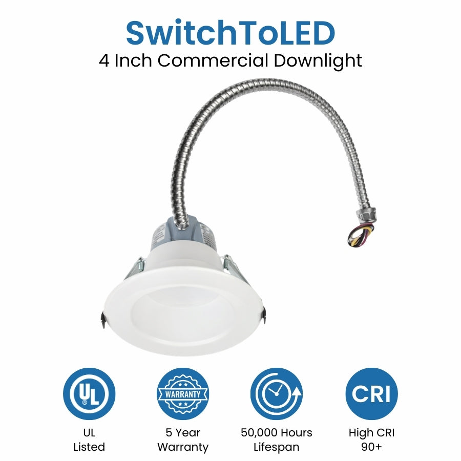 WAWA Lights 4-Inch Commercial LED Recessed Downlight, 5.5–12W, 3CCT, IC Rated, 0–10V, UL Listed