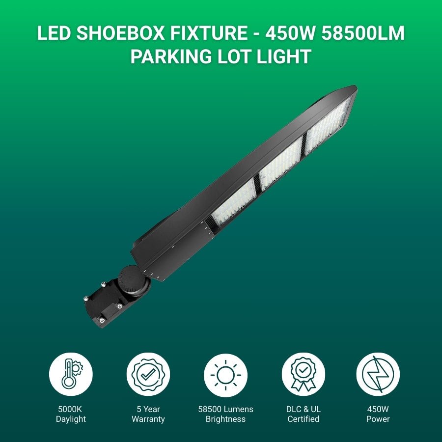 WAWA Lights 450W LED Parking Lot Shoebox Light, 58,500 Lumens, 5000K, Type III, IP65, DLC & UL