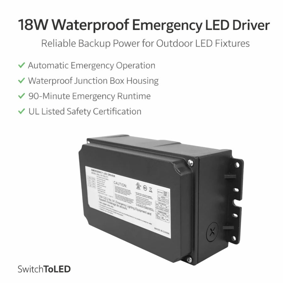 WAWA Lights LED Emergency Wall Pack with Battery Backup, 18W, Up to 1300 Lumens, 5000K, IP65, 120-Min Runtime