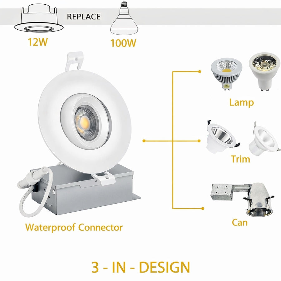 WAWA Lights 4 Inch LED Recessed Gimbal Light 12W Replaces 100W 3 In 1 Design