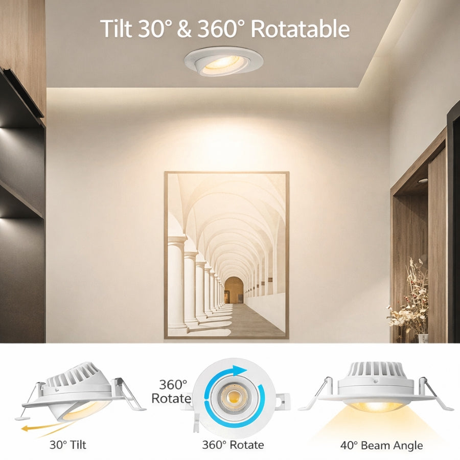 WAWA Lights 4 Inch LED Recessed Gimbal Light 30 Degree Tilt 360 Degree Rotatable