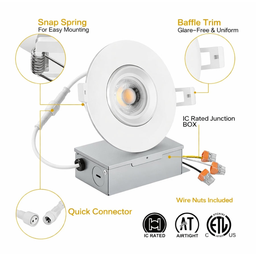 WAWA Lights 4 Inch LED Recessed Gimbal Light IC Rated Junction Box Quick Connector ETL