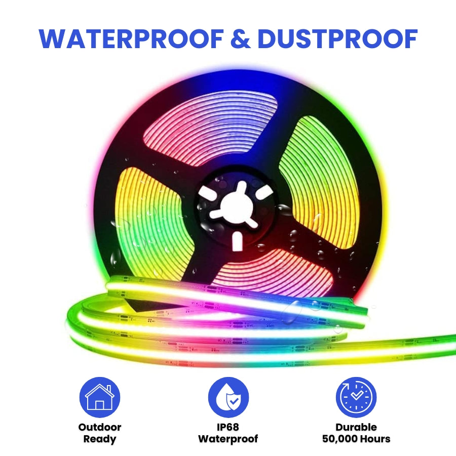 WAWA Lights 16FT Waterproof RGB COB LED Strip, 24V, 840 LEDs/m, IP68, Dot-Free Seamless Glow
