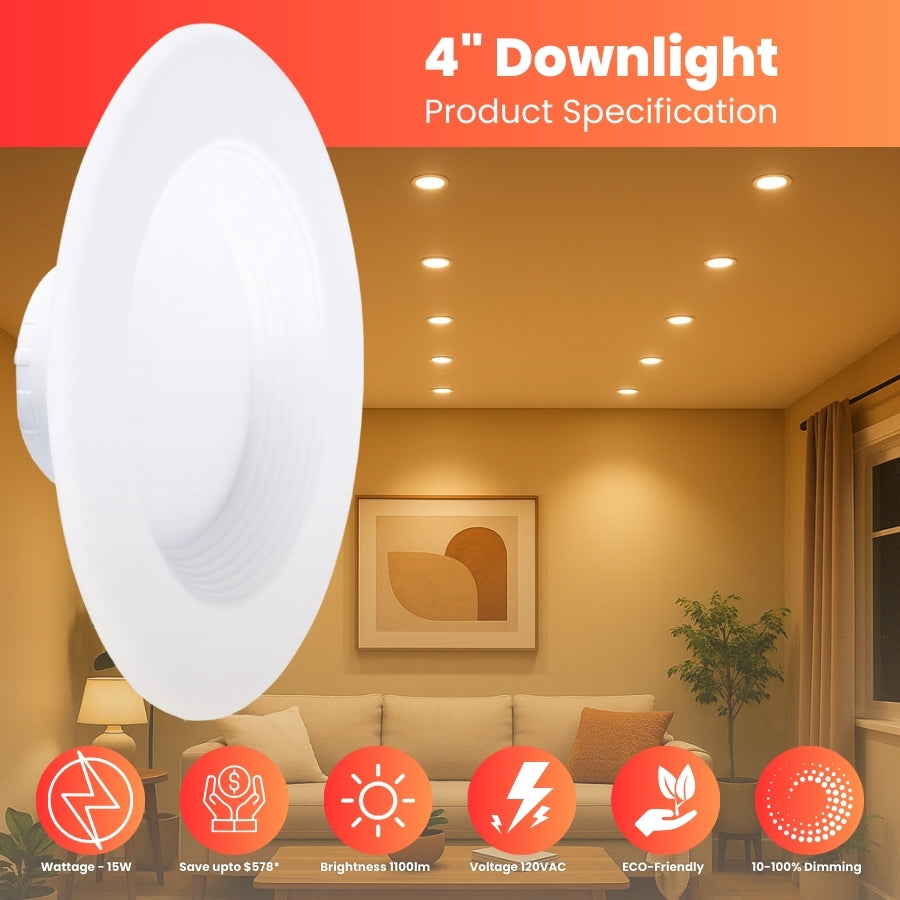 WAWA Lights 4-Inch Retrofit LED Can Light, 10W, 650 Lumens, 5CCT, Dimmable, Baffle Trim, ETL