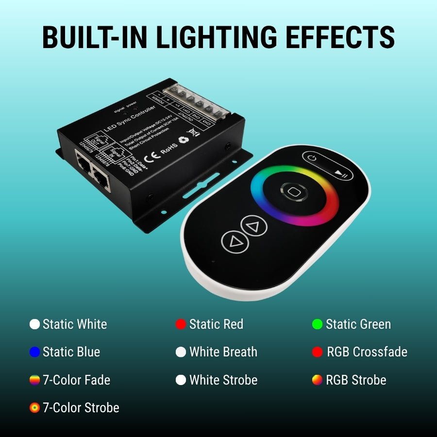 WAWA Lights RGB LED Controller with RF Touch Remote, 432W, 12–24V, 10 Modes