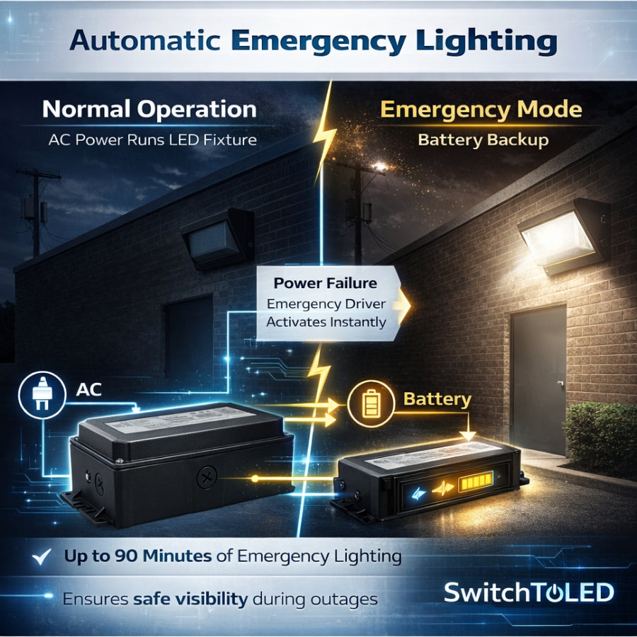 WAWA Lights LED Emergency Wall Pack with Battery Backup, 18W, Up to 1300 Lumens, 5000K, IP65, 120-Min Runtime
