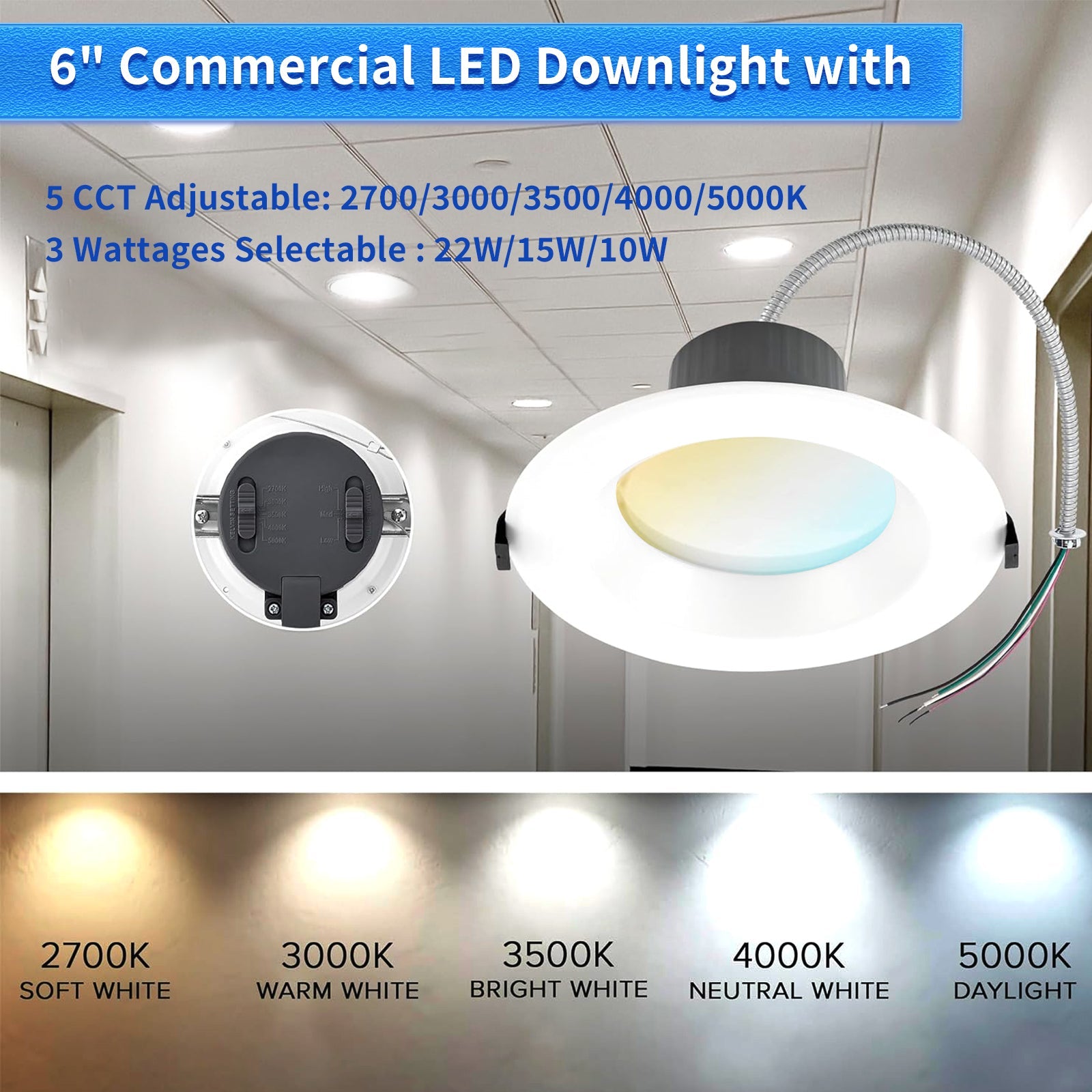 WAWA Lights 6-Inch Canless LED Recessed Downlight, 10–22W, 1,850 Lumens, 4CCT, Wafer-Thin, UL