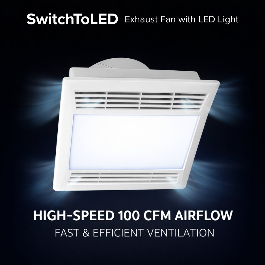 WAWA Lights 45W LED exhaust fan with light, 100 CFM, 5700K daylight, IP44 damp-rated ceiling ventilation fan