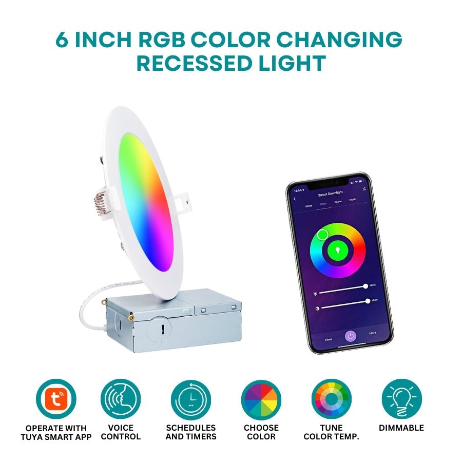 WAWA Lights 6-Inch Smart RGB LED Recessed Light, 12W, 1,080 Lumens, Wi-Fi, Tuya App, Alexa & Google