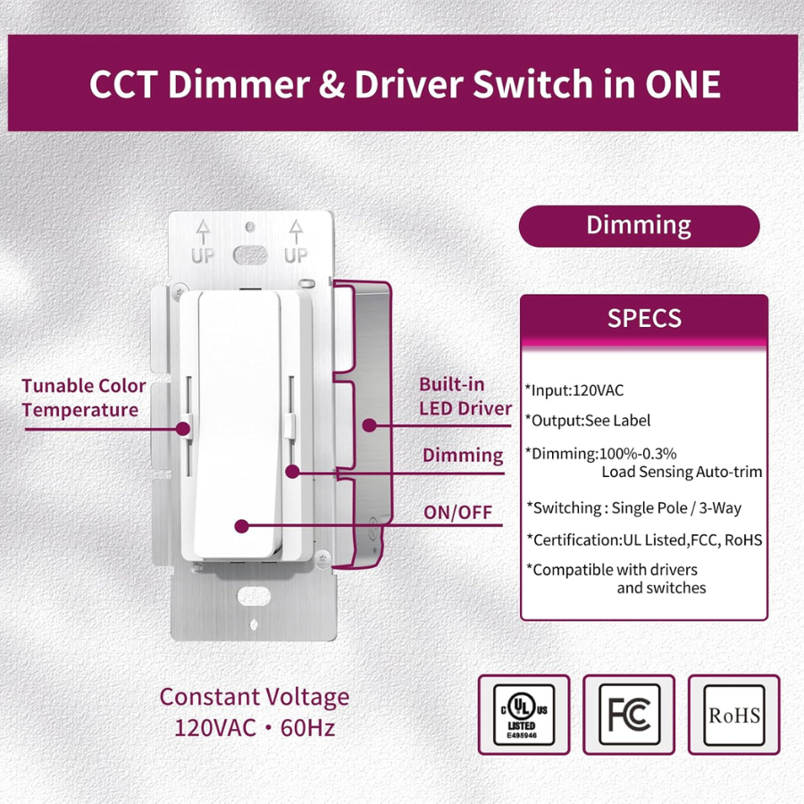 WAWA Lights 120W LED Driver & Dimmer Switch 2-in-1, 12V Output, Class 2, UL/FCC/CE