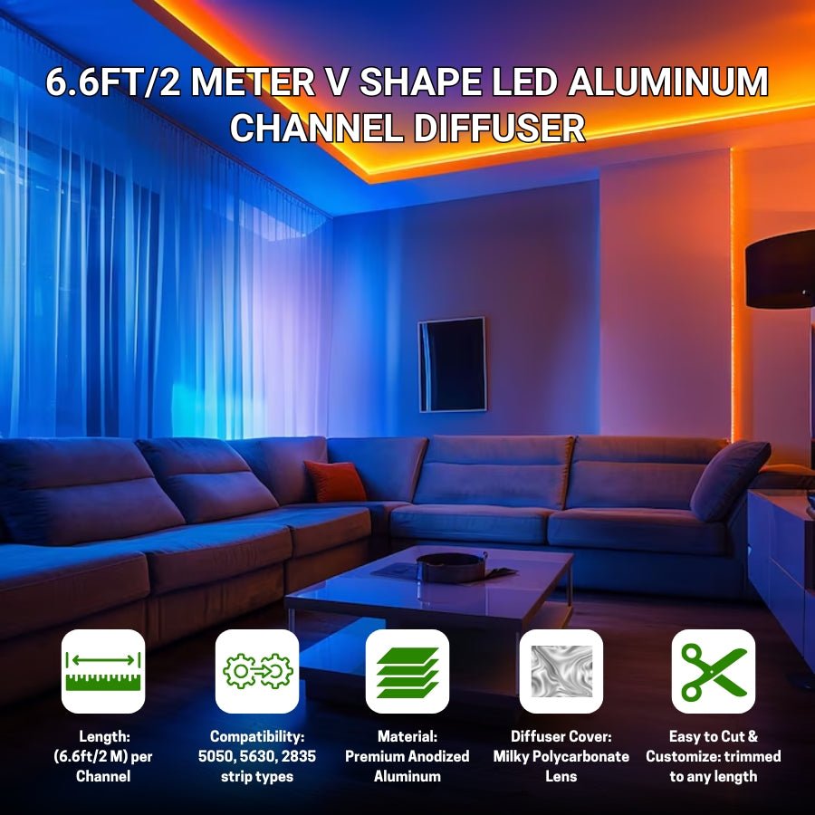 WAWA Lights 6.6FT V-Shape LED Aluminum Channel with Curved Milky Diffuser, Corner Kit Included