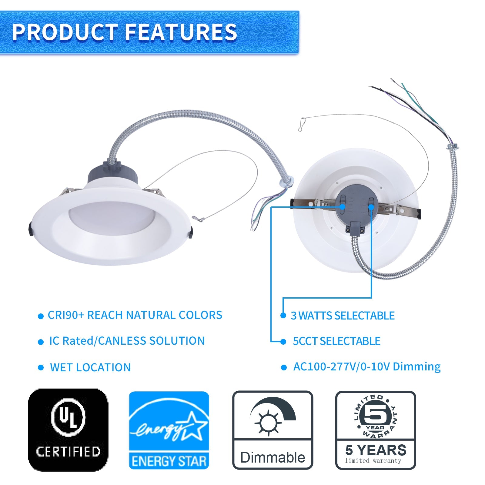WAWA Lights 8-Inch LED Recessed Downlight, 12–30W, 2,400 Lumens, 5CCT, 0–10V Dimmable, IC Rated, UL