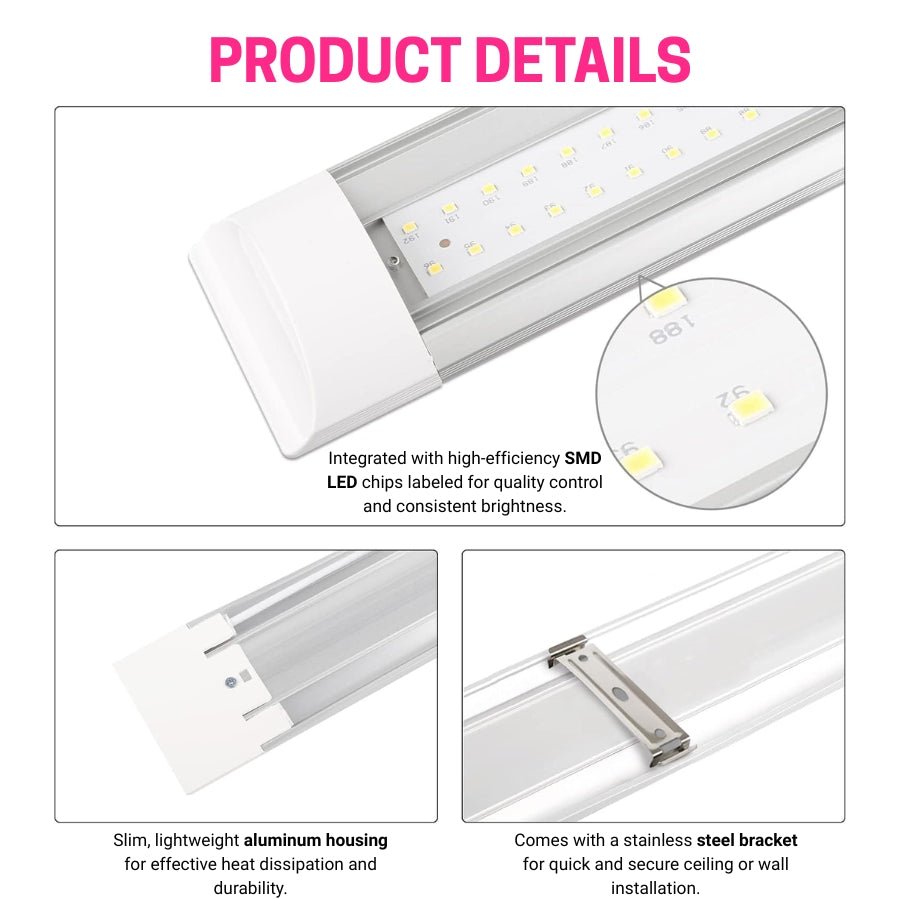 WAWA Lights 4FT LED Batten Surface Mount Light, 40W, 5000K, Slim Profile, IP20, Commercial