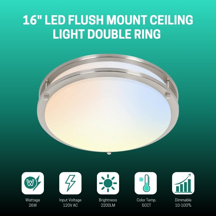 WAWA Lights 16-Inch Dimmable LED Flush Mount Ceiling Light, 26W, 2,200 Lumens, 5CCT, Brushed Nickel