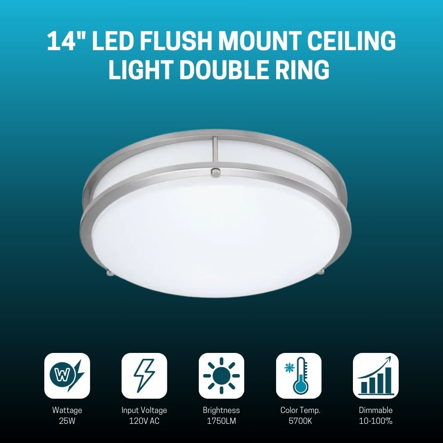 WAWA Lights 14-Inch Dimmable LED Flush Mount Ceiling Light, 25W, 1,750 Lumens, 5700K, Brushed Nickel