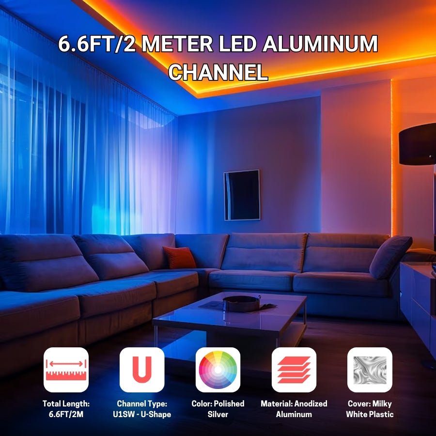 WAWA Lights 6.6FT/2M LED Channel Aluminum U Shape Silver LED Strip Diffu