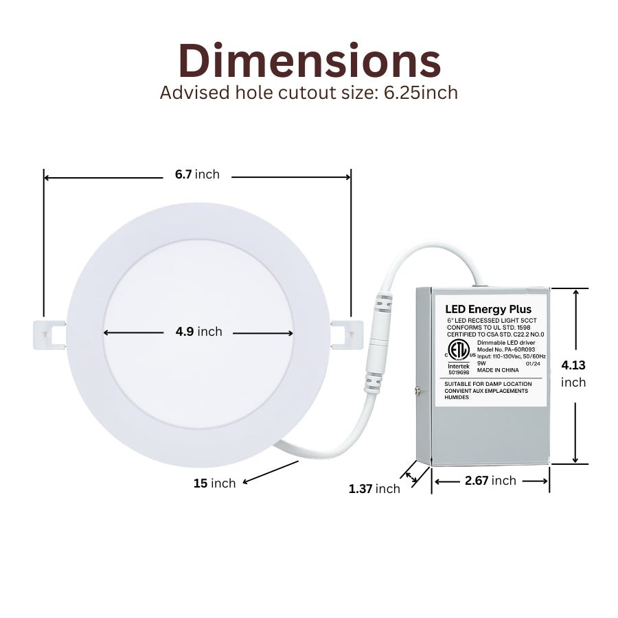 WAWA Lights LED recessed ceiling lights product dimension