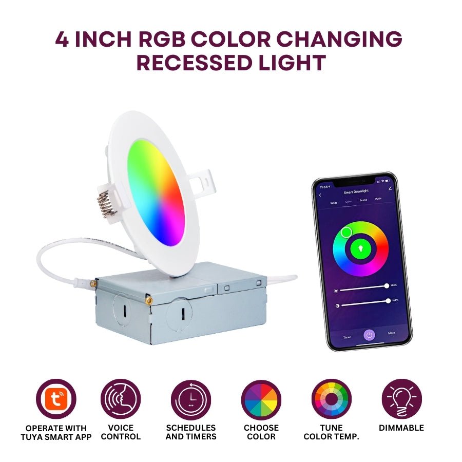 WAWA Lights 4-Inch Smart RGBW LED Recessed Downlight, 9W, Color Changing, Wi-Fi, Tuya, ETL