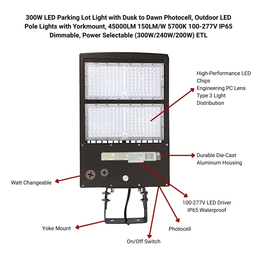 WAWA Lights 450W LED Parking Lot Shoebox Light, 58,500 Lumens, 5000K, Type III, IP65, DLC & UL