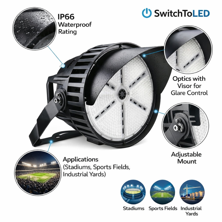 WAWA Lights 500W LED stadium lights illuminating an outdoor sports field at night
