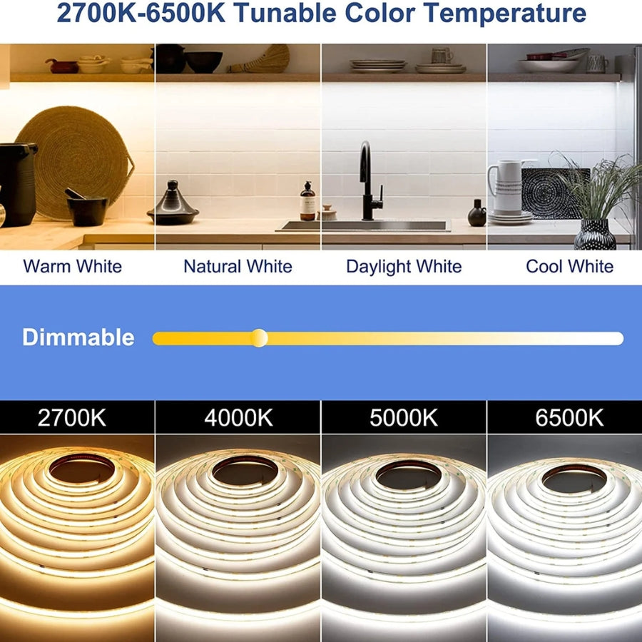 WAWA Lights 32FT Tunable White COB LED Strip, 24V, CCT 2700–6500K, CRI90+, Flicker-Free