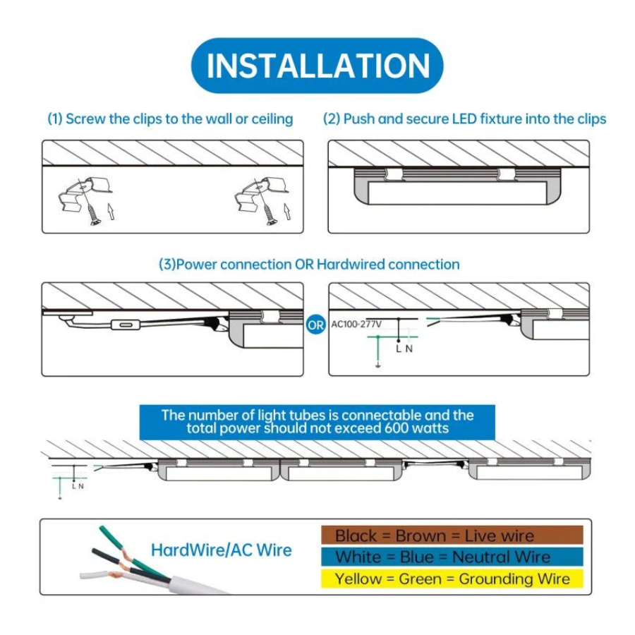 WAWA Lights T8 LED light installation wiring diagram